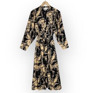 ICHI Boho Floral Minimalist Belted Midi Shirt Dress Size S Puff Sleeves Career